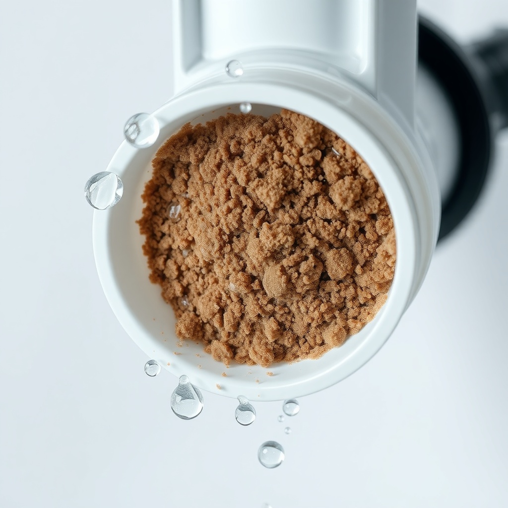<clean photorealistic photo/illustration of a close-up view showing sediment filter clogge
