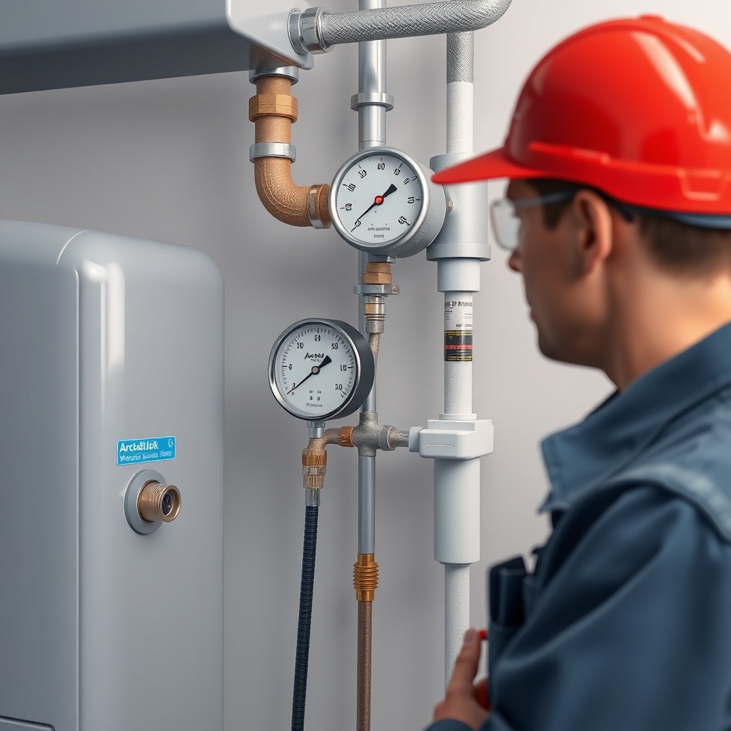 <clean photorealistic photo/illustration of a technician checking water pressure gauge con