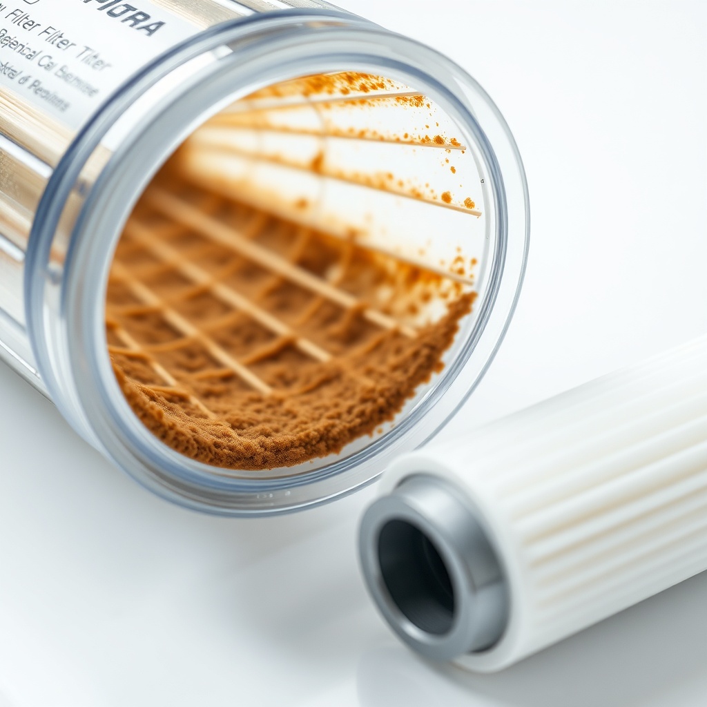 A close-up photorealistic photo of a transparent sediment filter housing showing brown dis