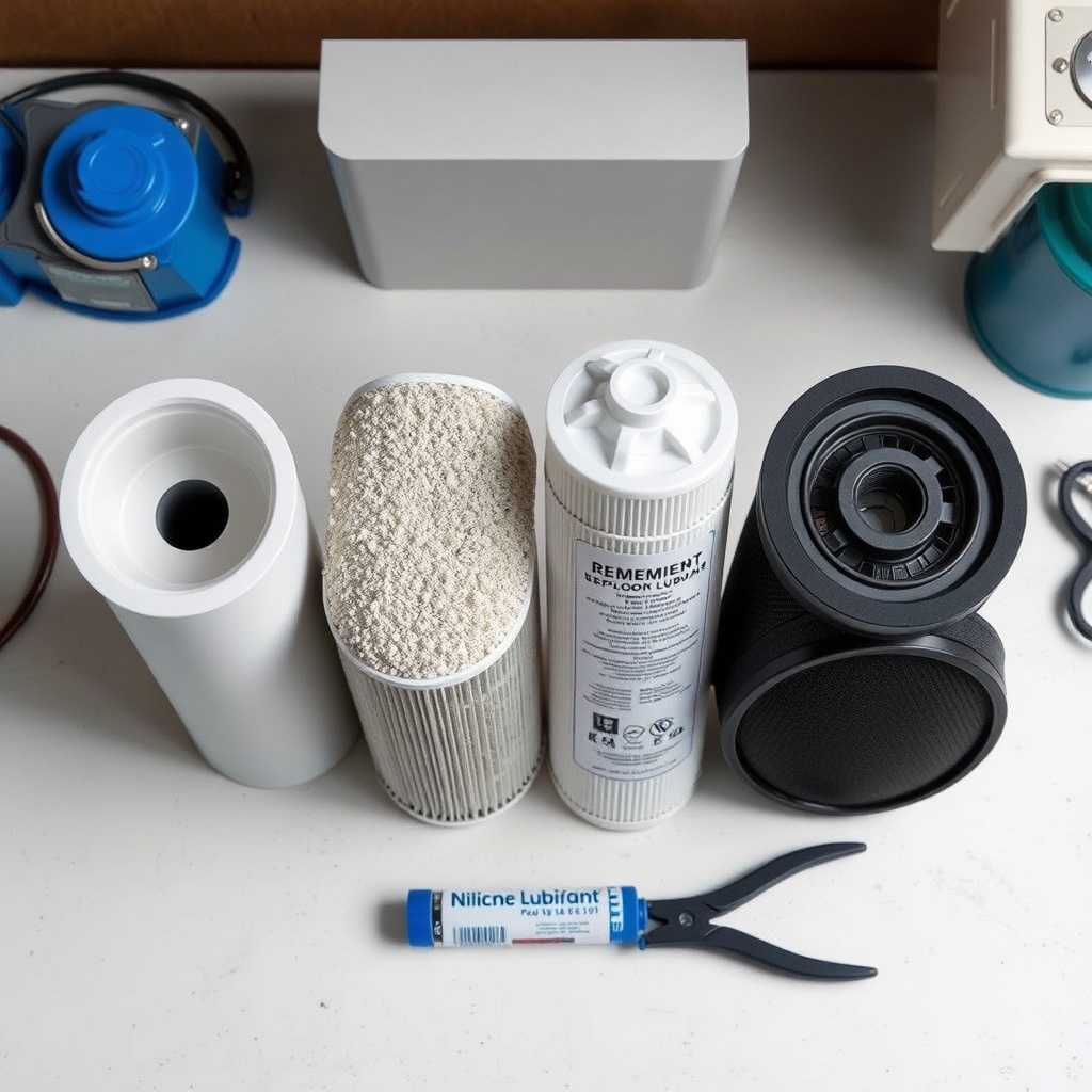 A photorealistic top-down view of four different replacement filters (sediment