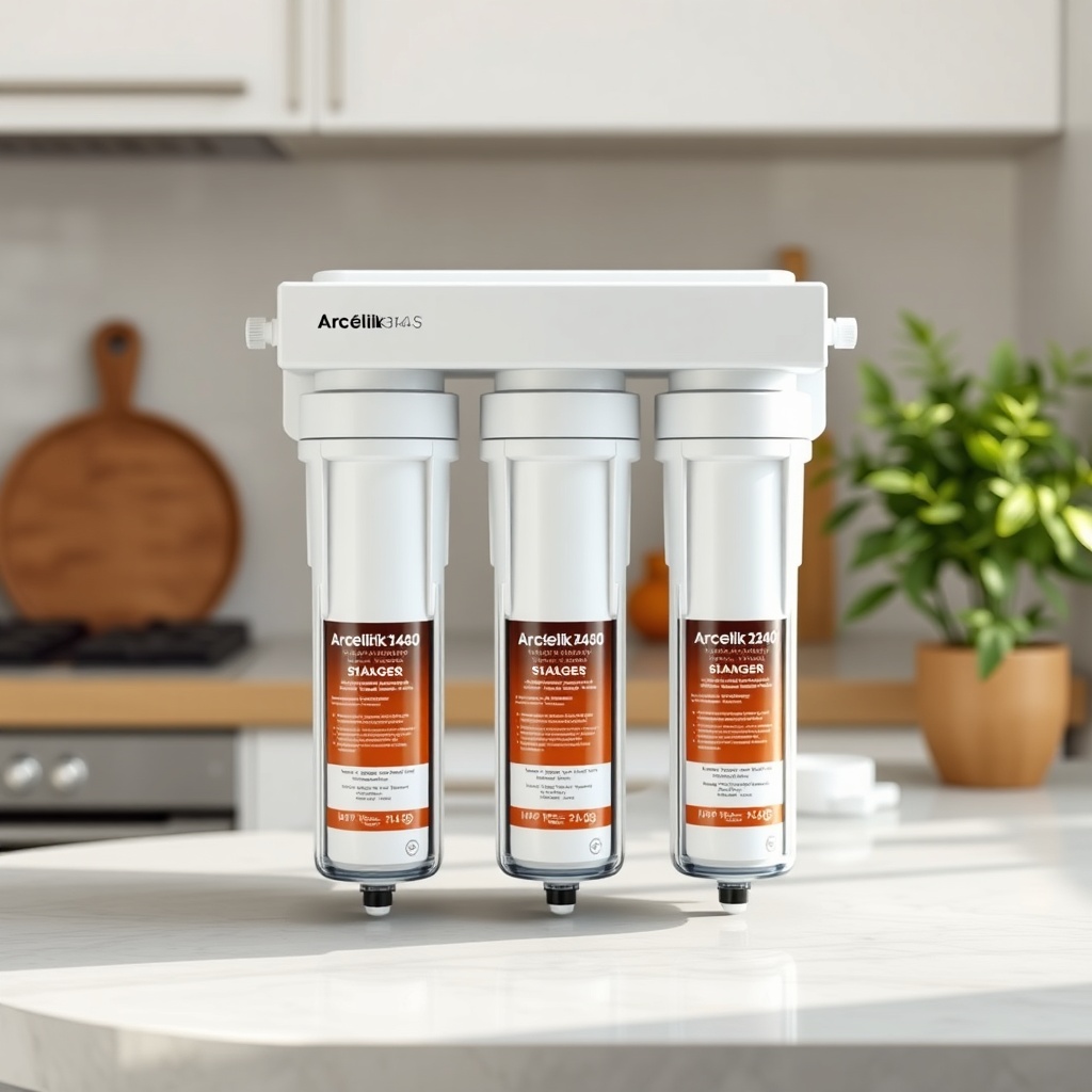 <clean photorealistic photo of Arçelik 3140 S filter system showing 5 stages with labeled