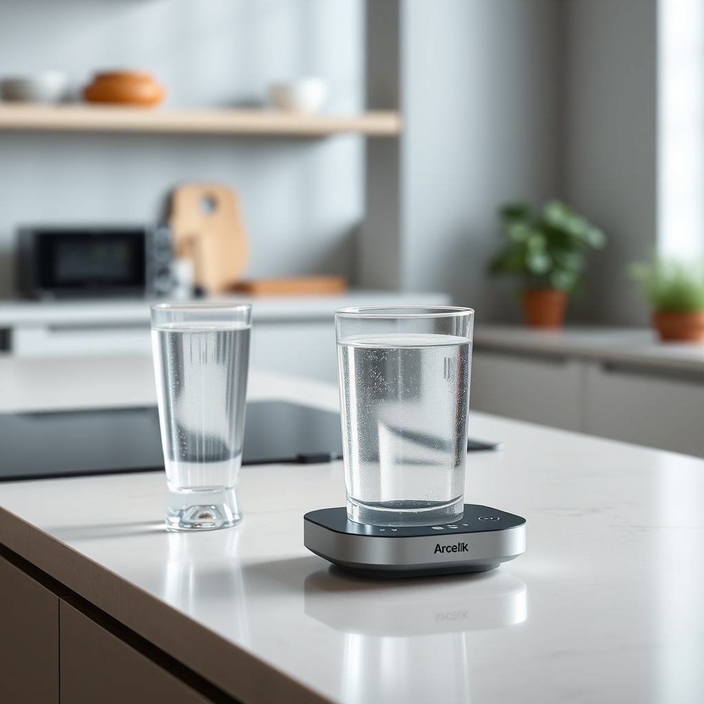 <clean photorealistic photo of a glass of water next to Arçelik 3140 S on a modern kitchen