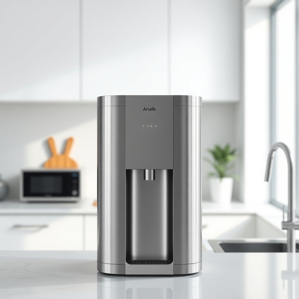 A photorealistic 16:9 image of Arçelik 3140 S water purifier placed on a modern kitchen co