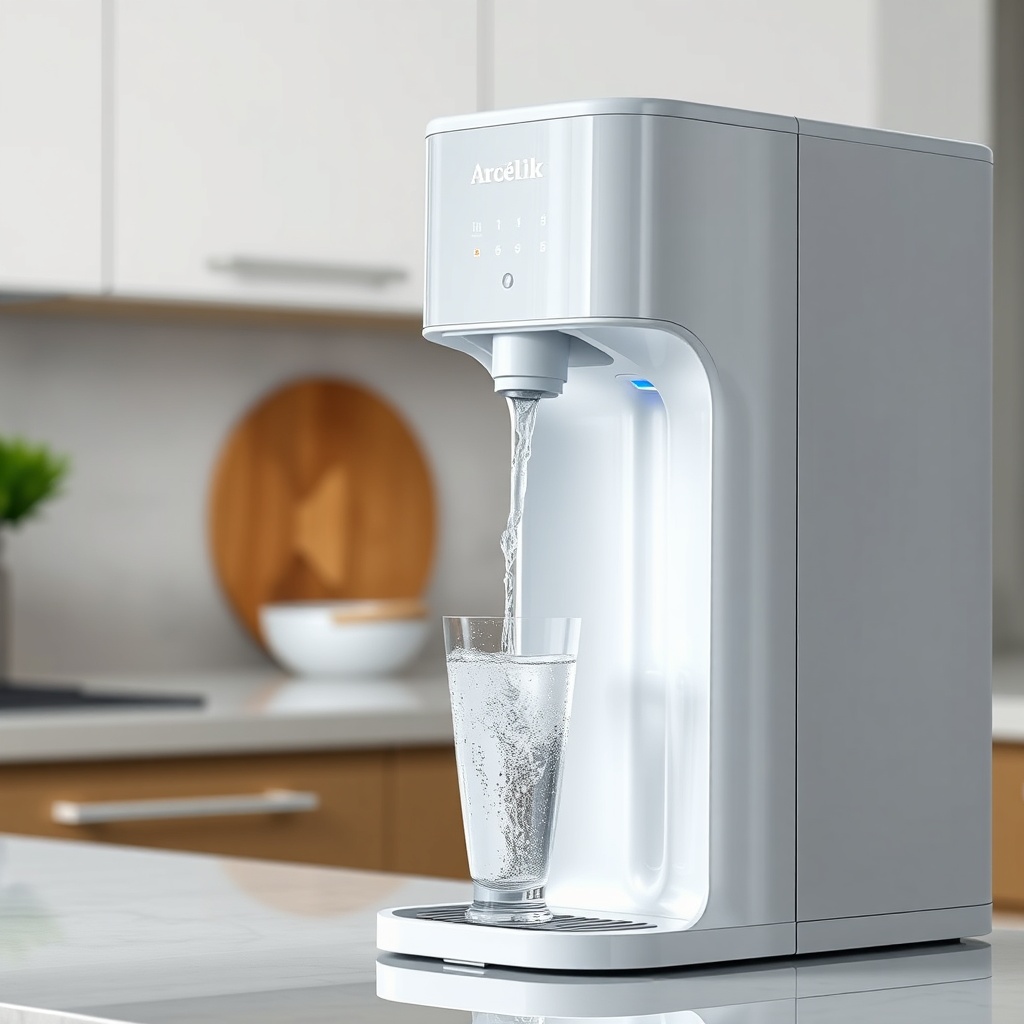 A photorealistic 16:9 image of Arçelik 3140 S water dispenser pouring clean water into a g