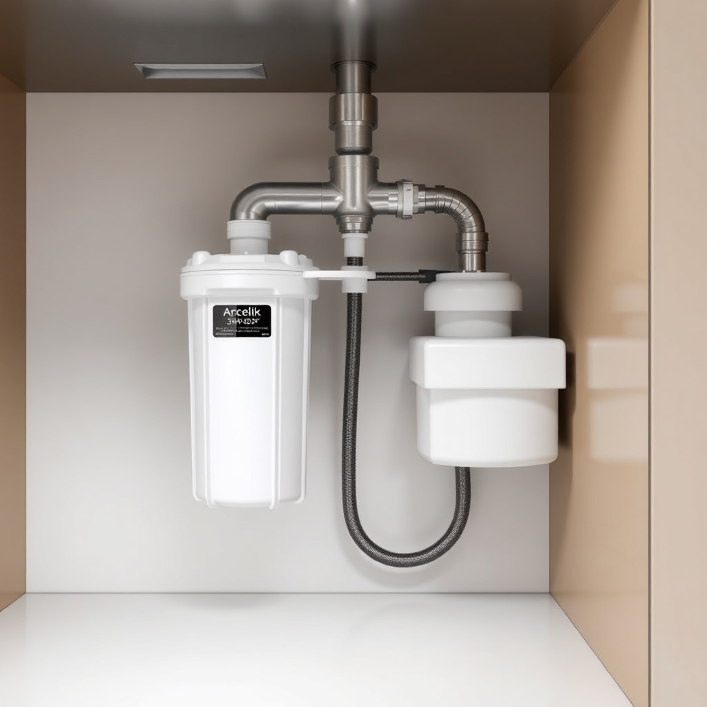 <clean photorealistic photo of Arçelik 3140 S installed under a kitchen sink