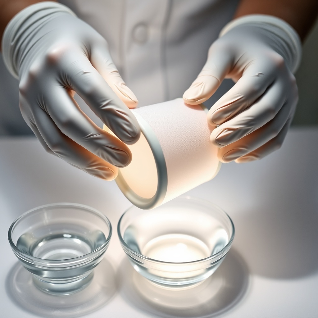 A clean photorealistic photo showing a technician's hands in sterile gloves placing a clea