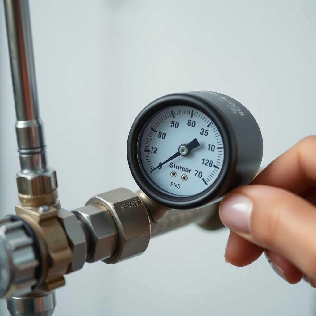 Close-up of a pressure gauge on a water filtration system with hand adjusting a valve