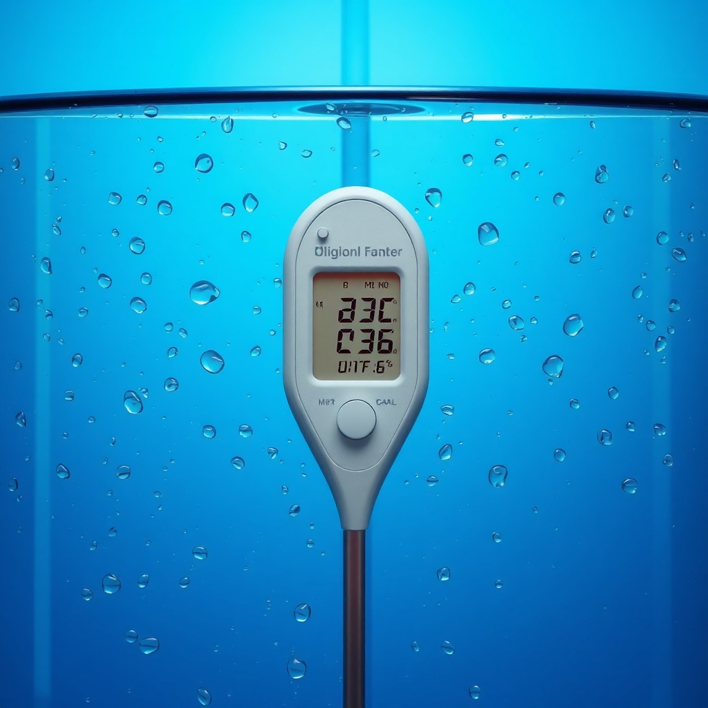 Digital thermometer on a water tank with blue background