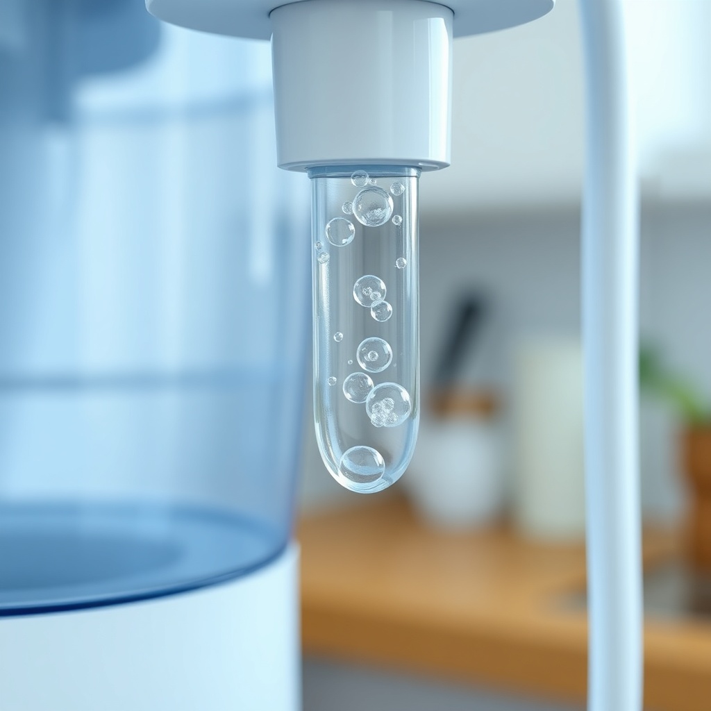 Close-up of a water purifier pump with air bubbles visible in the tube