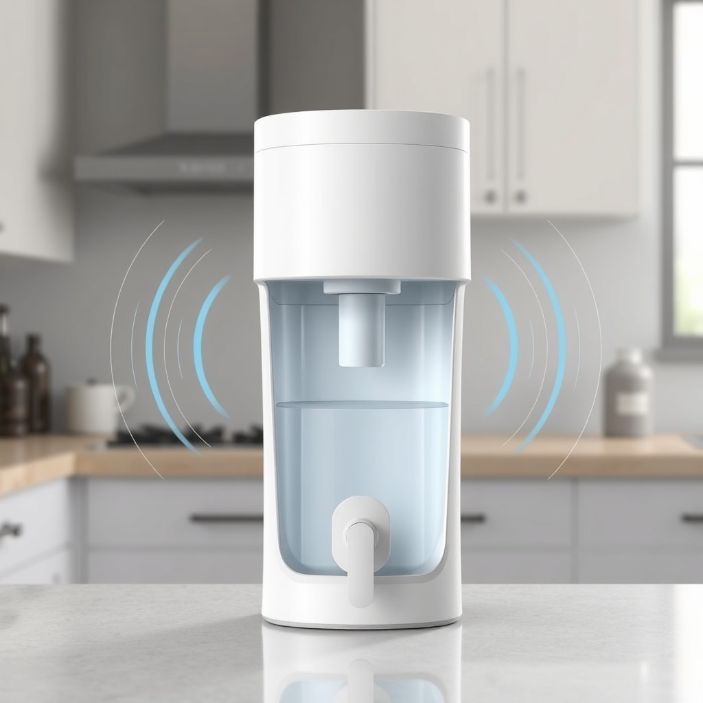 Photorealistic illustration of a water purifier with sound waves radiating from the pump a