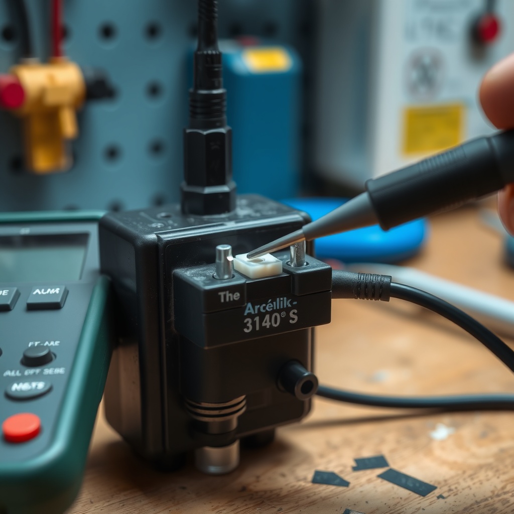 A clean photorealistic photo showing a multimeter probe touching the terminals of a water