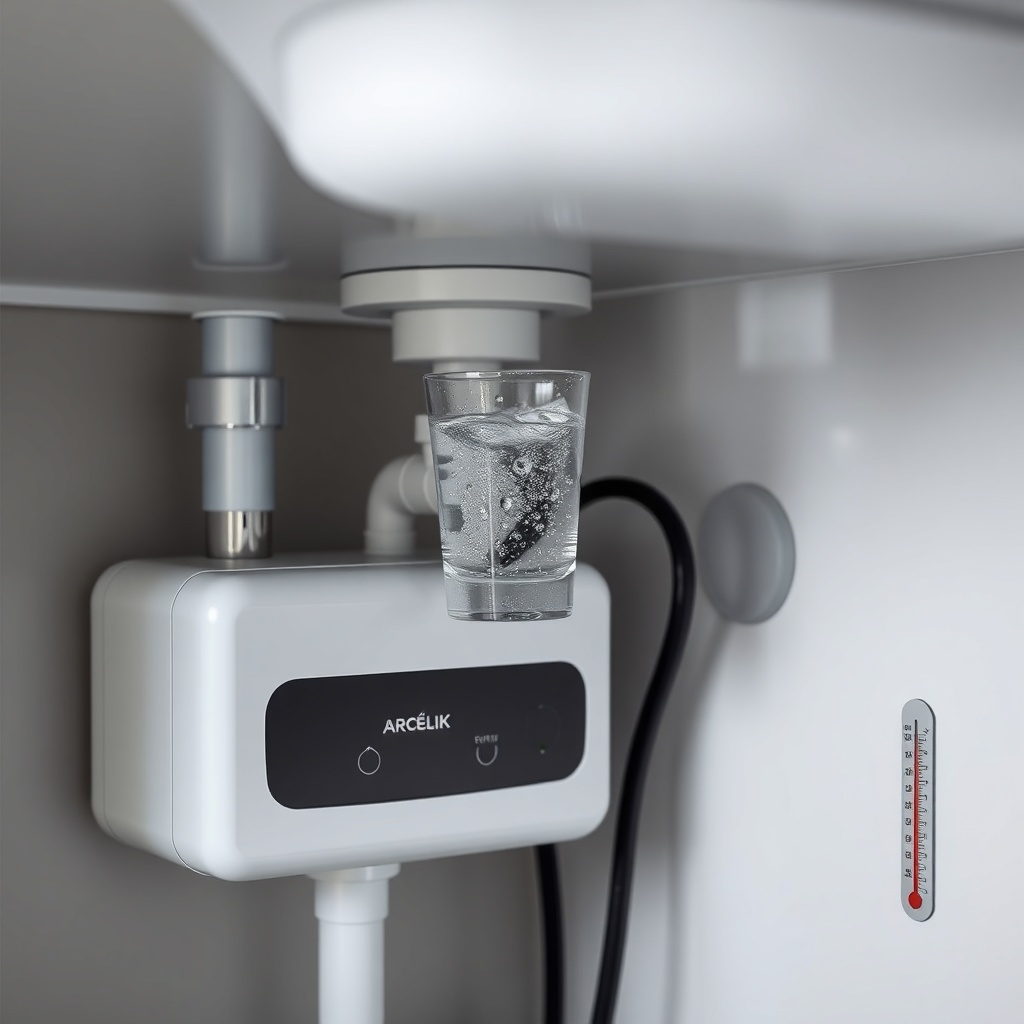 A clean photorealistic photo showing an Arçelik 3140 S unit installed under a kitchen sink