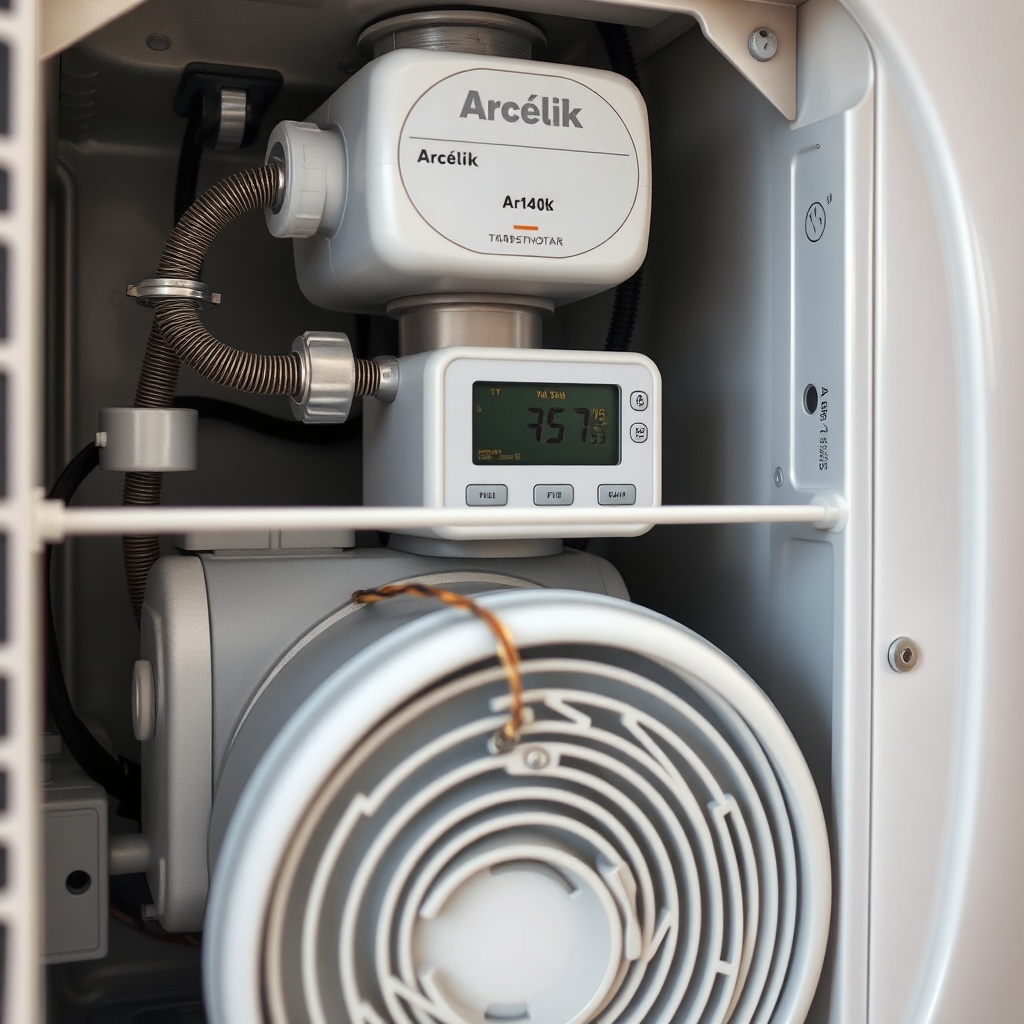 A photorealistic close-up shot of the interior of an Arçelik 3140 S unit