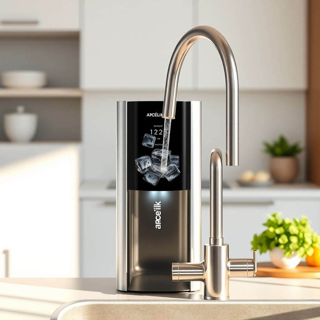 <clean photorealistic photo/illustration of a modern kitchen with an Arçelik 3140 S water