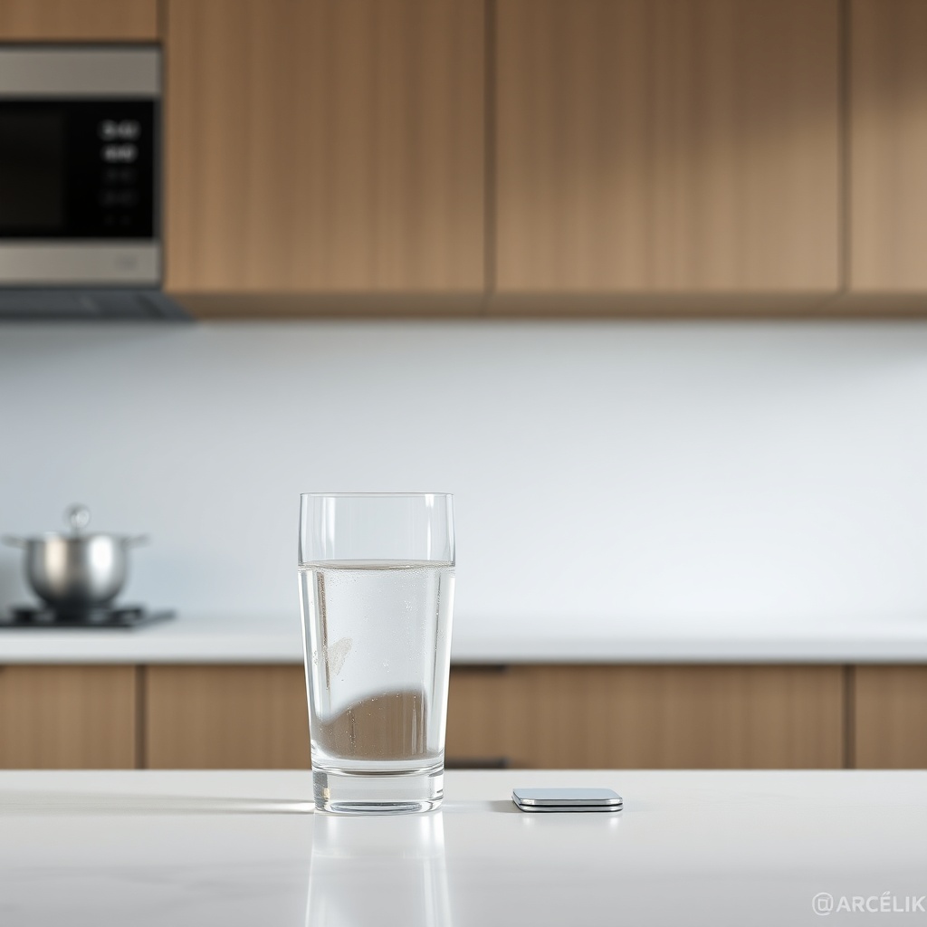 <clean photorealistic photo of a glass of clear water next to an Arçelik 3140 S unit