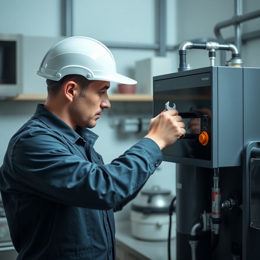 <clean photorealistic photo of a technician adjusting an Arçelik 3140 S filter system with