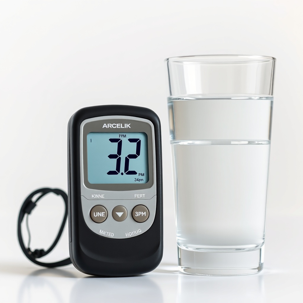 <clean photorealistic photo of a TDS meter showing 32 ppm reading next to a glass of cryst