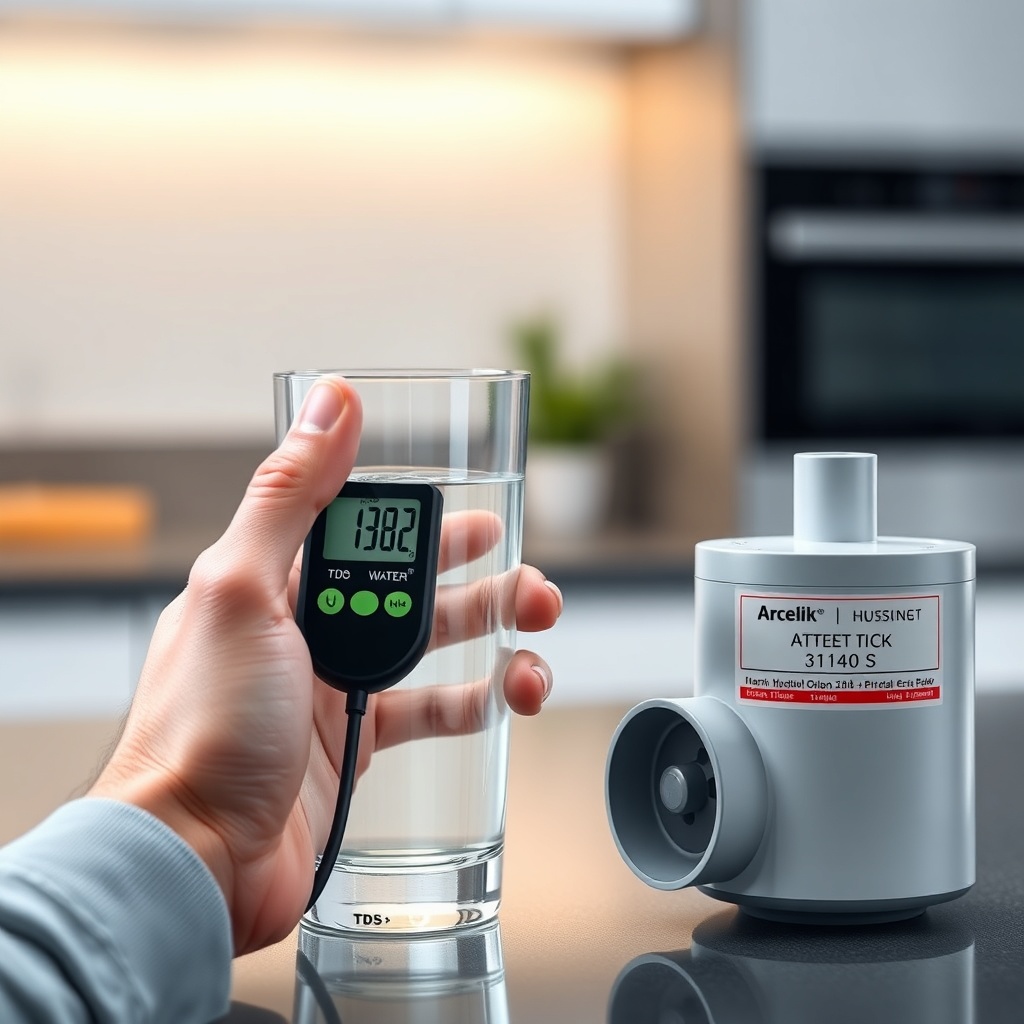 A photorealistic close-up of a hand holding a TDS meter with the probe dipped into a glass