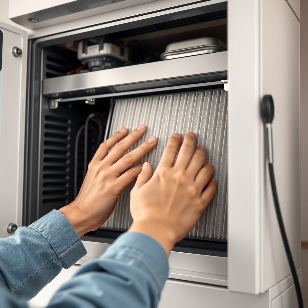 <A photorealistic illustration of a person replacing a carbon filter in a Beko 3040 S