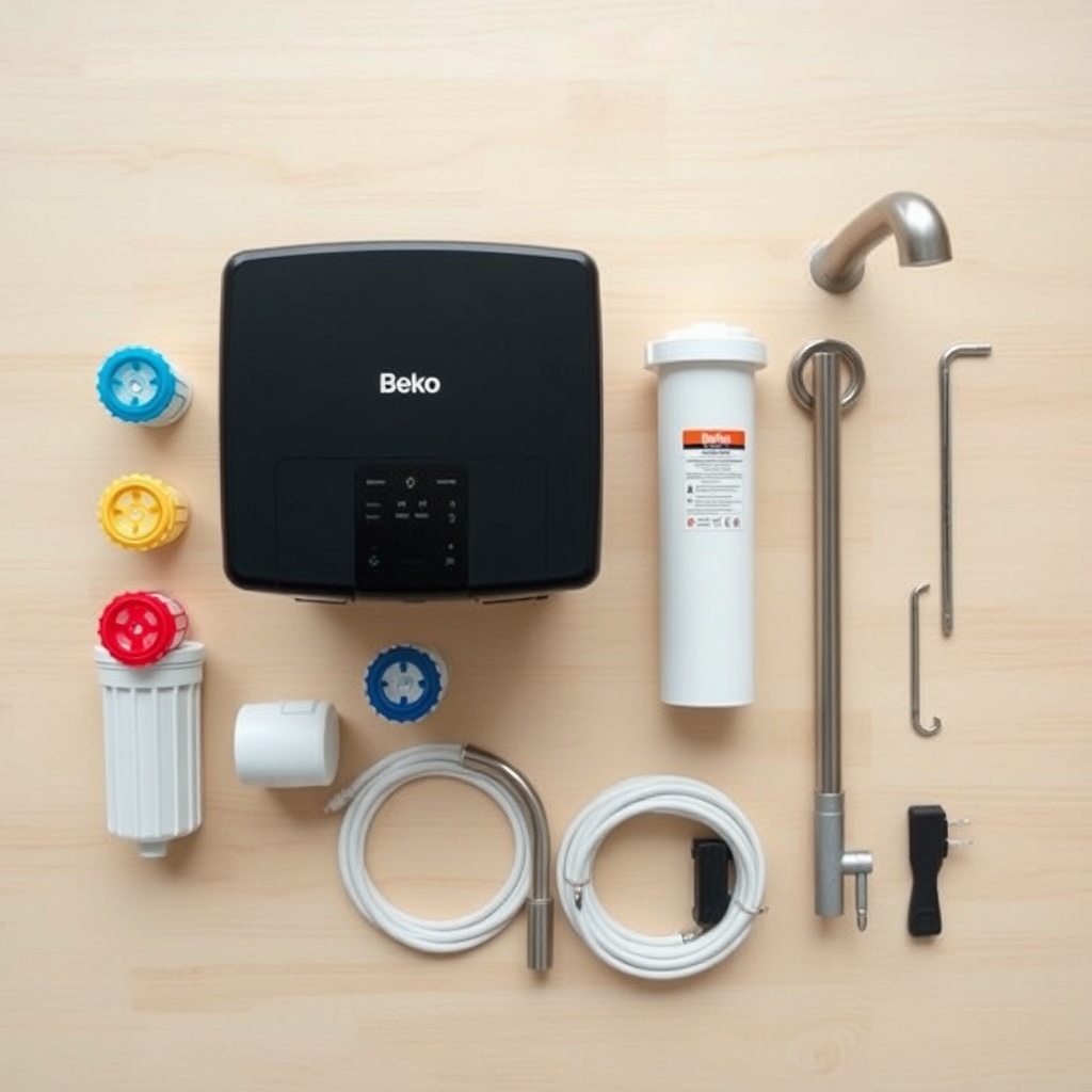 A clear overhead flat-lay composition on a light wooden kitchen counter showing all Beko 3