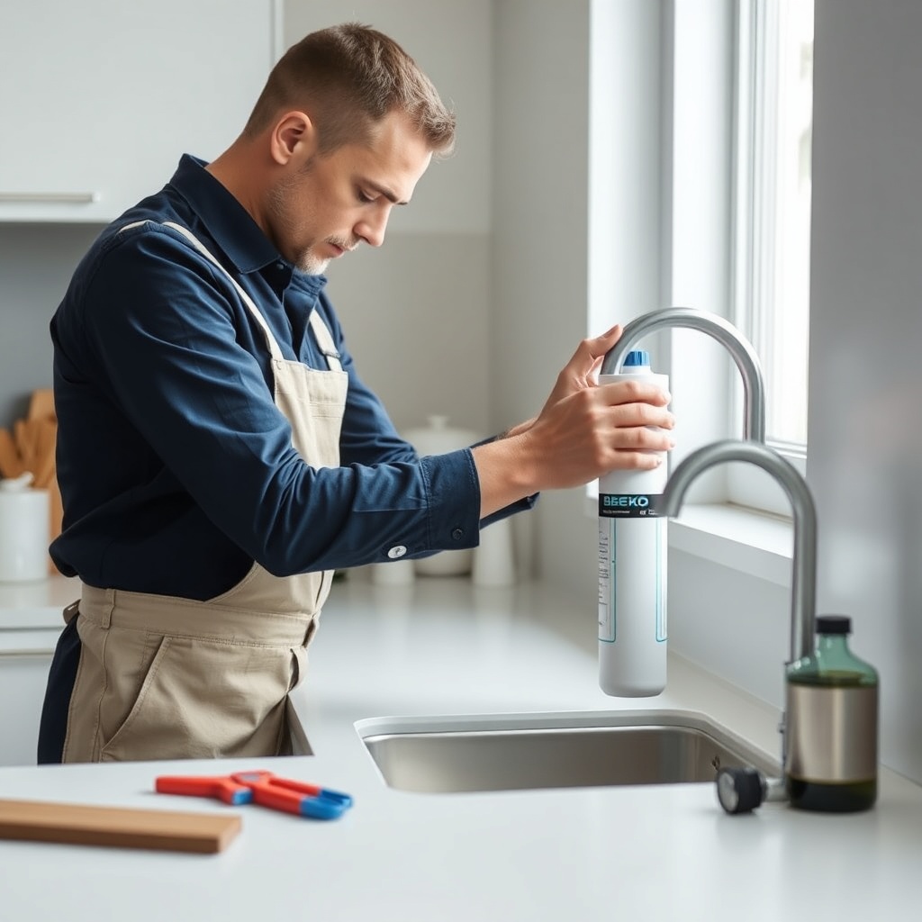 <clean photorealistic photo of a professional installing a Beko 3040 S water filter membra