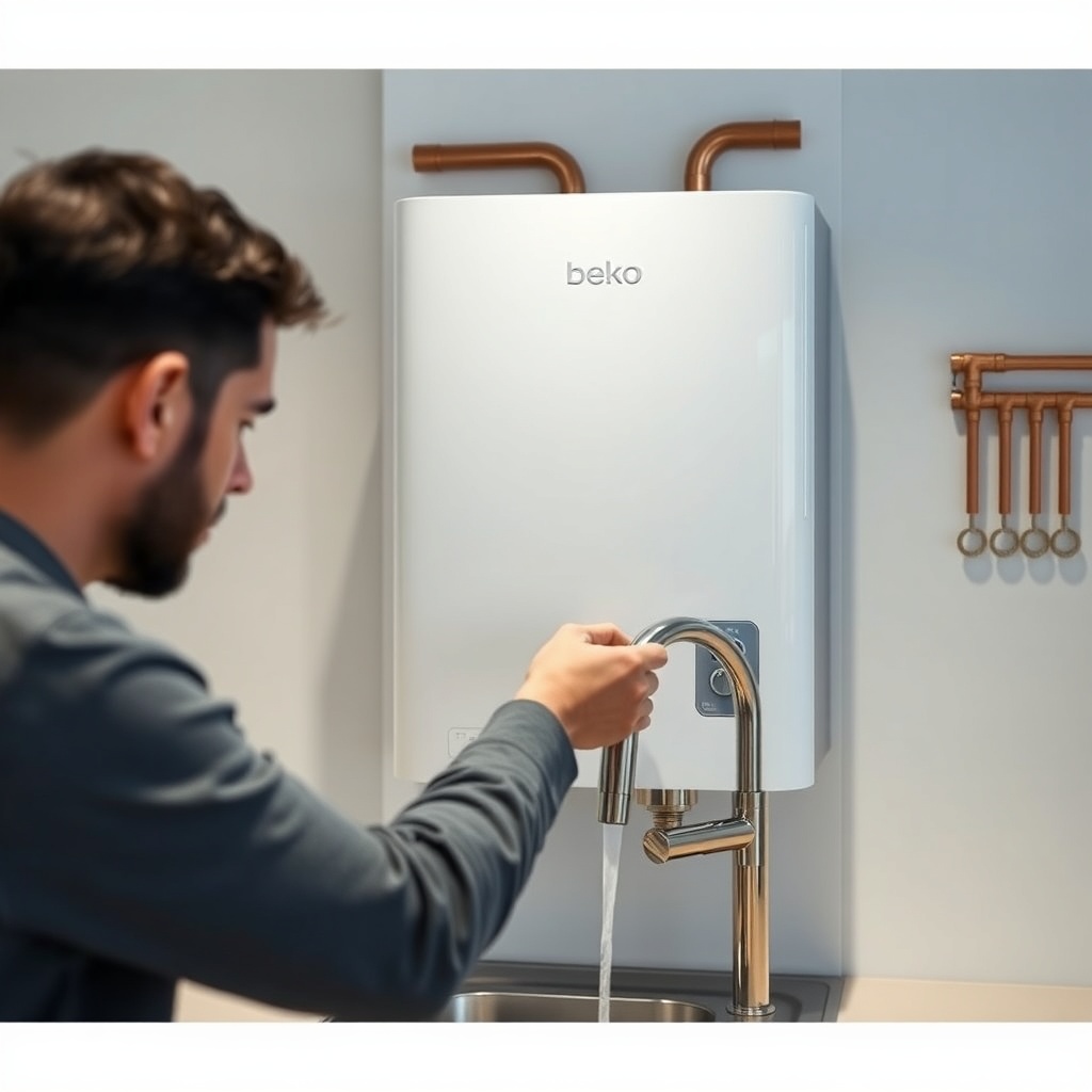 <clean photorealistic photo of a Beko 3040 S unit with a person inspecting the cold water