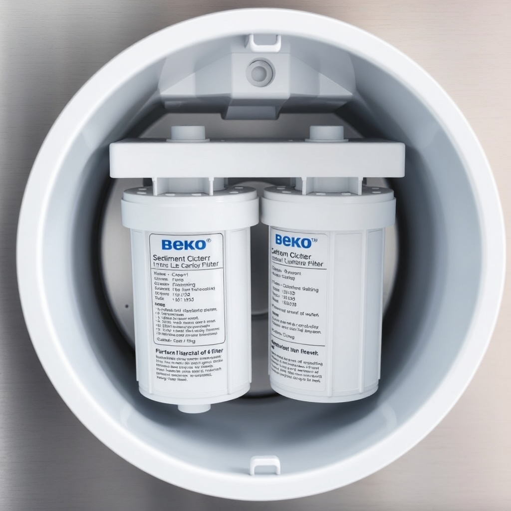 <clean photorealistic photo of a Beko 3040 S filter compartment with sediment and carbon f