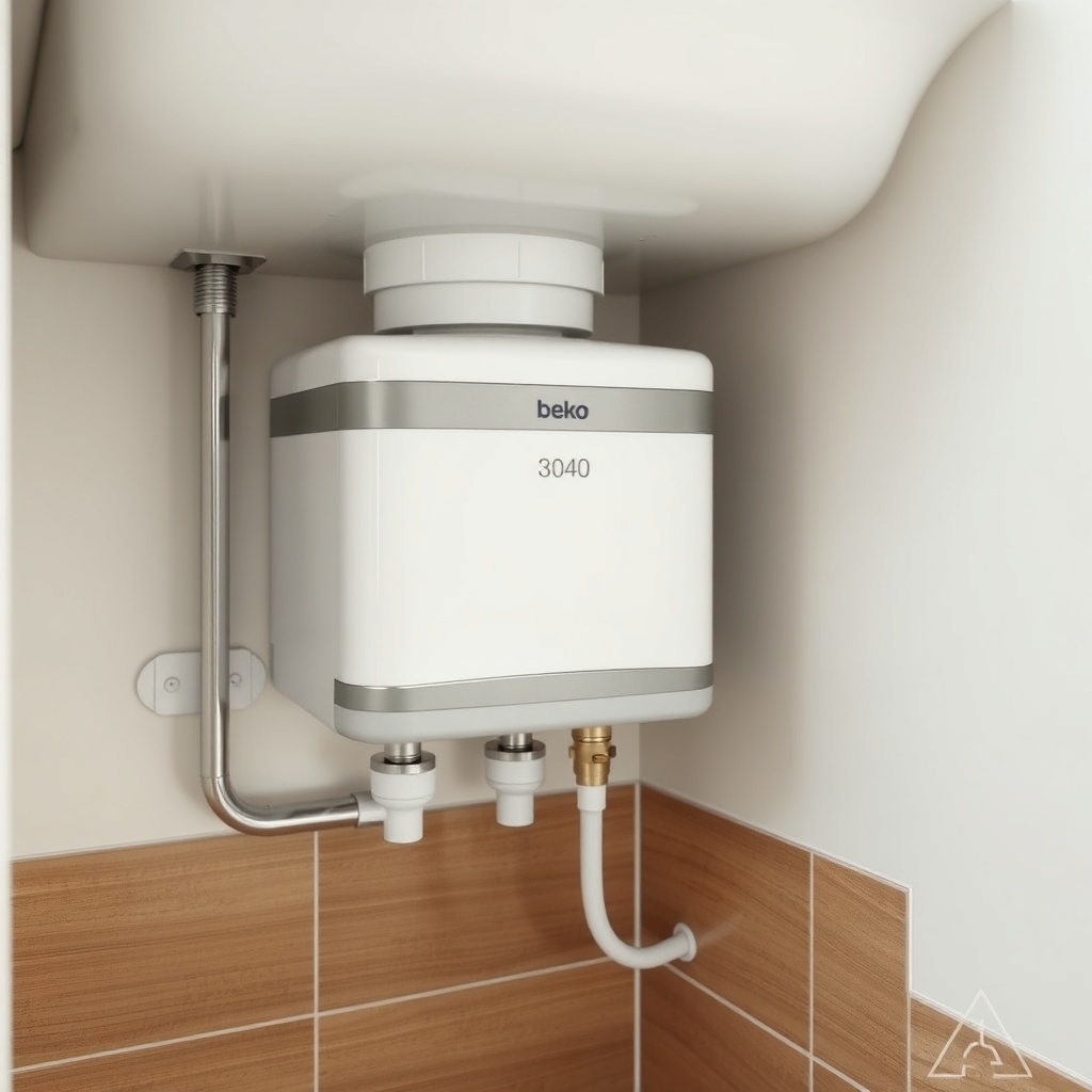 <clean photorealistic photo of a Beko 3040 S installed under a kitchen sink