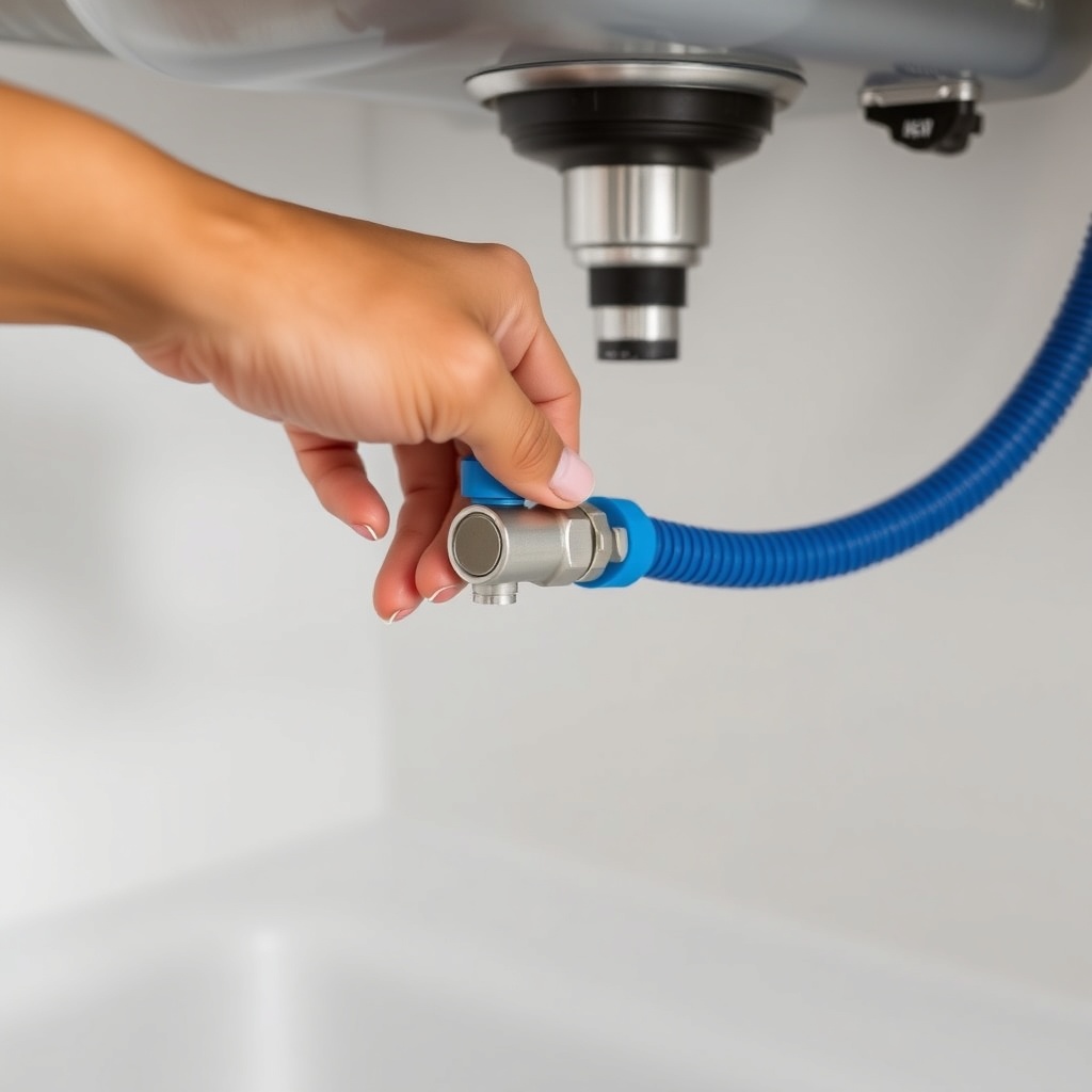 <clean photorealistic photo of a person's hand connecting a blue hose to a valve under a s