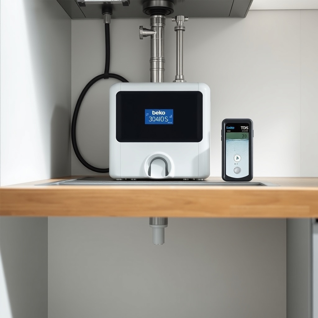 <clean photorealistic photo of a Beko 3040 S unit installed under a kitchen sink