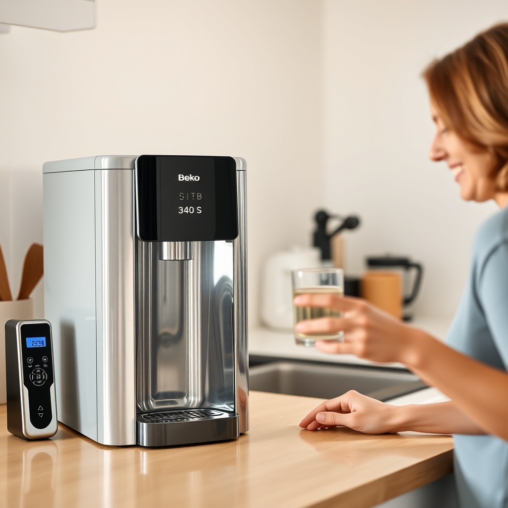 <clean photorealistic photo of a family kitchen with a Beko 3040 S